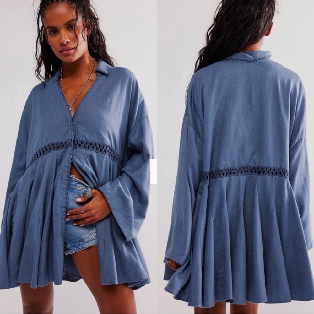 FREE PEOPLE Hazy Baby Blue Mini Dress, Blue Linen, NWT, Fall Staple $98 $249